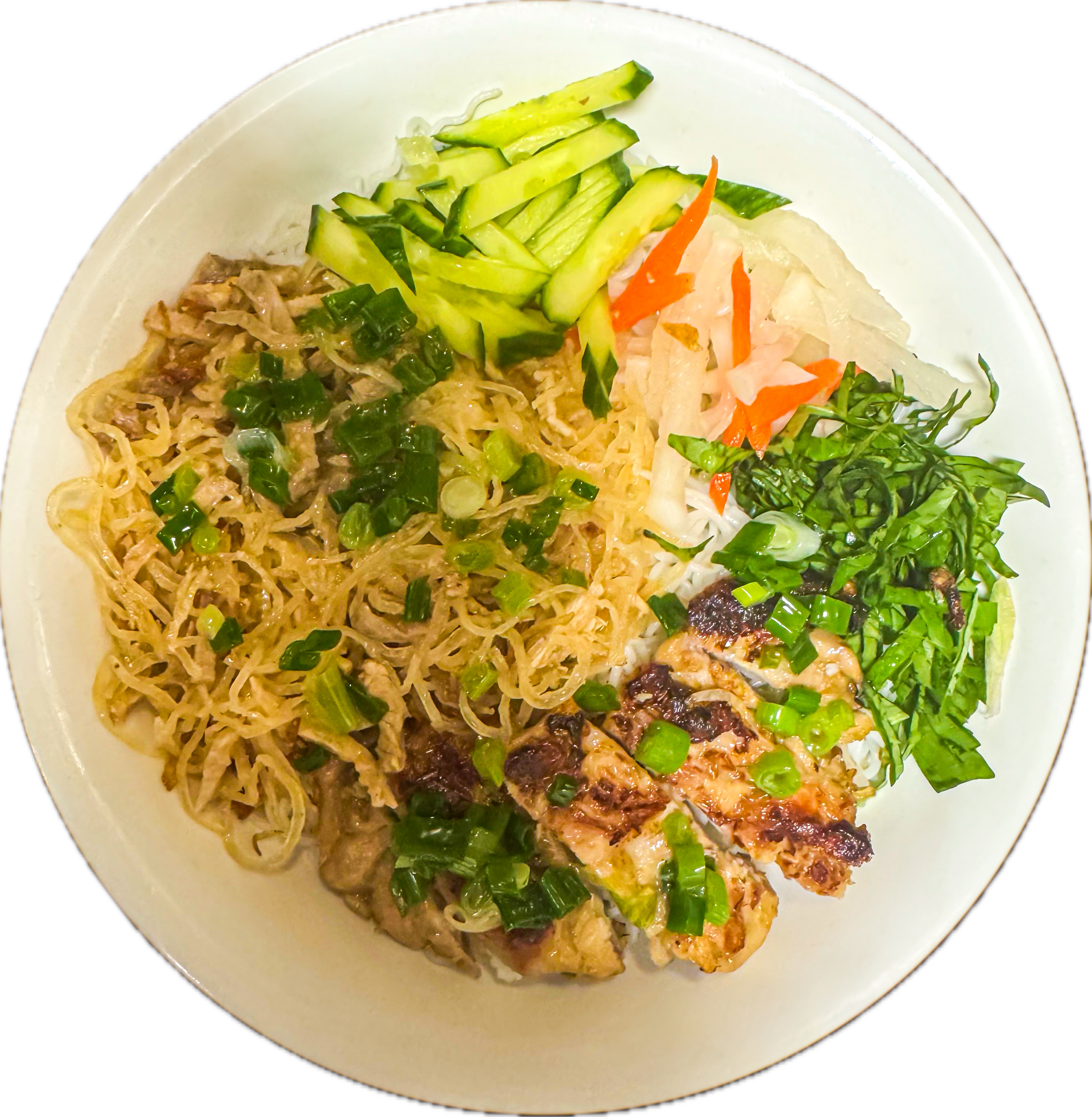 Bún Bì Gà (Bun Bi Ga) - Shredded pork skin and chicken on vermicelli with assorted vegetables