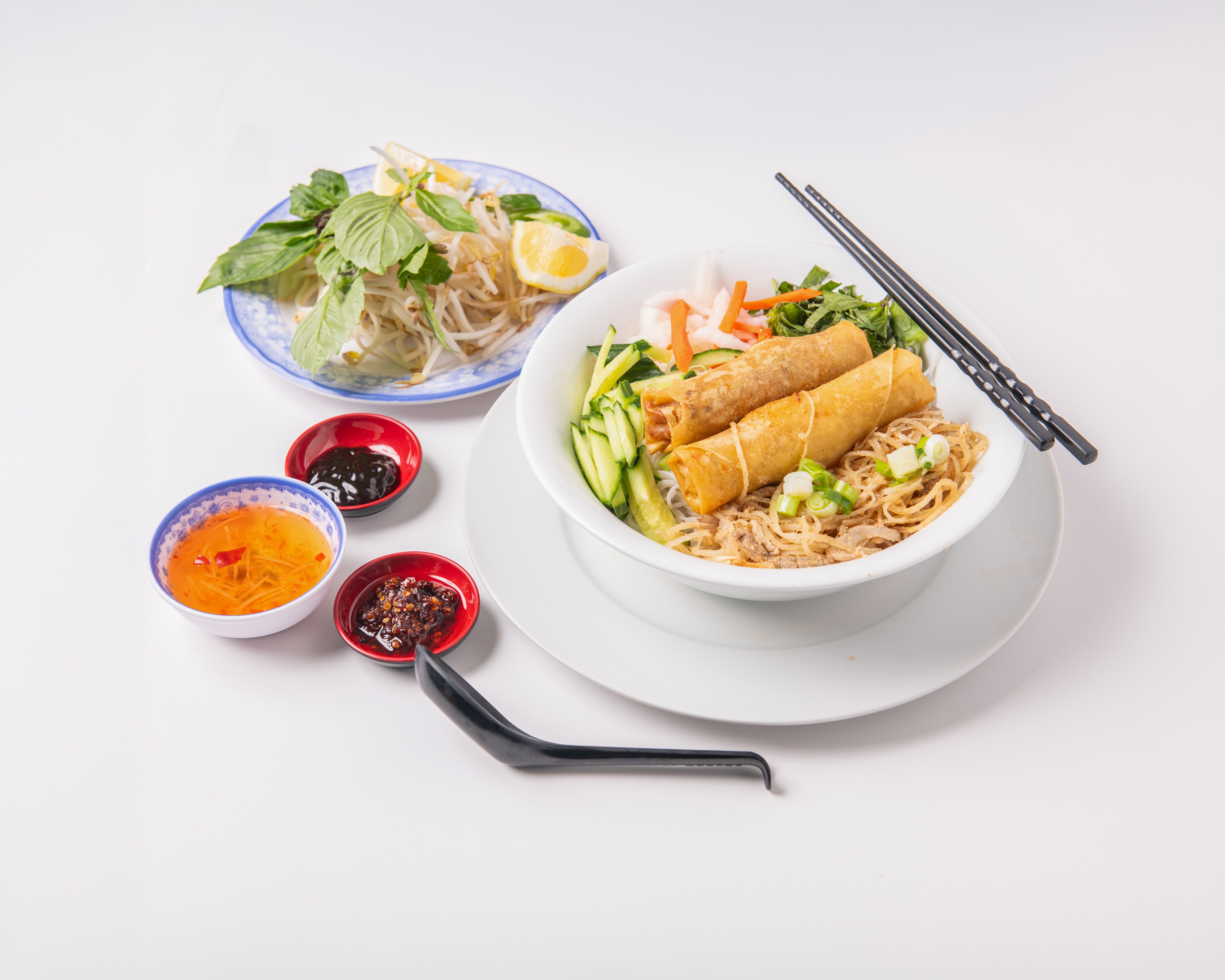 Bún Bì Chả Giò (Bun Bi Cha Gio) - Shredded pork skin and deep-fried spring rolls on vermicelli with assorted vegetables