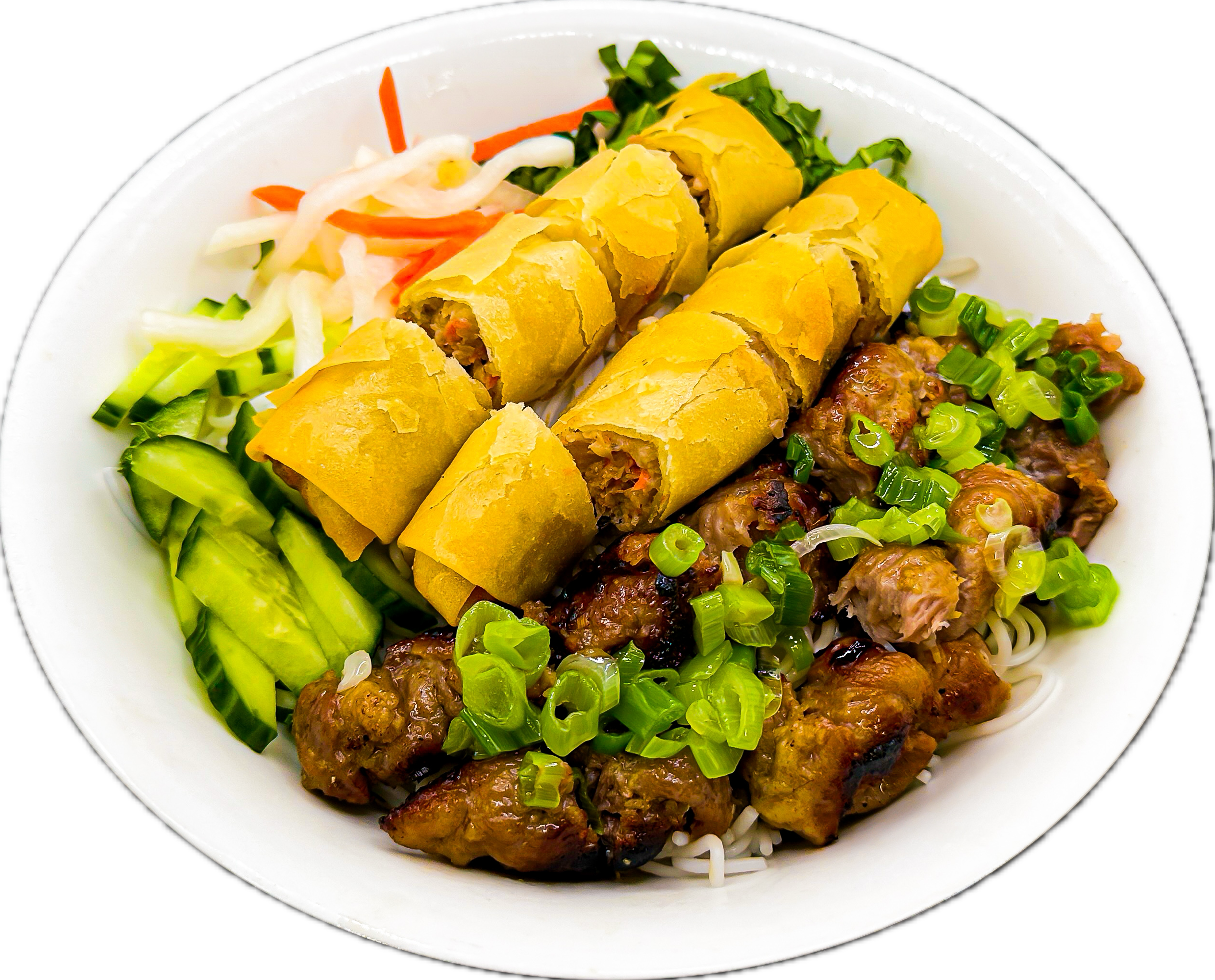 Bún Thịt Nướng Chả Giò (Bun Thit Nuong Cha Gio) - Skewered pork and deep-fried spring rolls on vermicelli with assorted vegetables