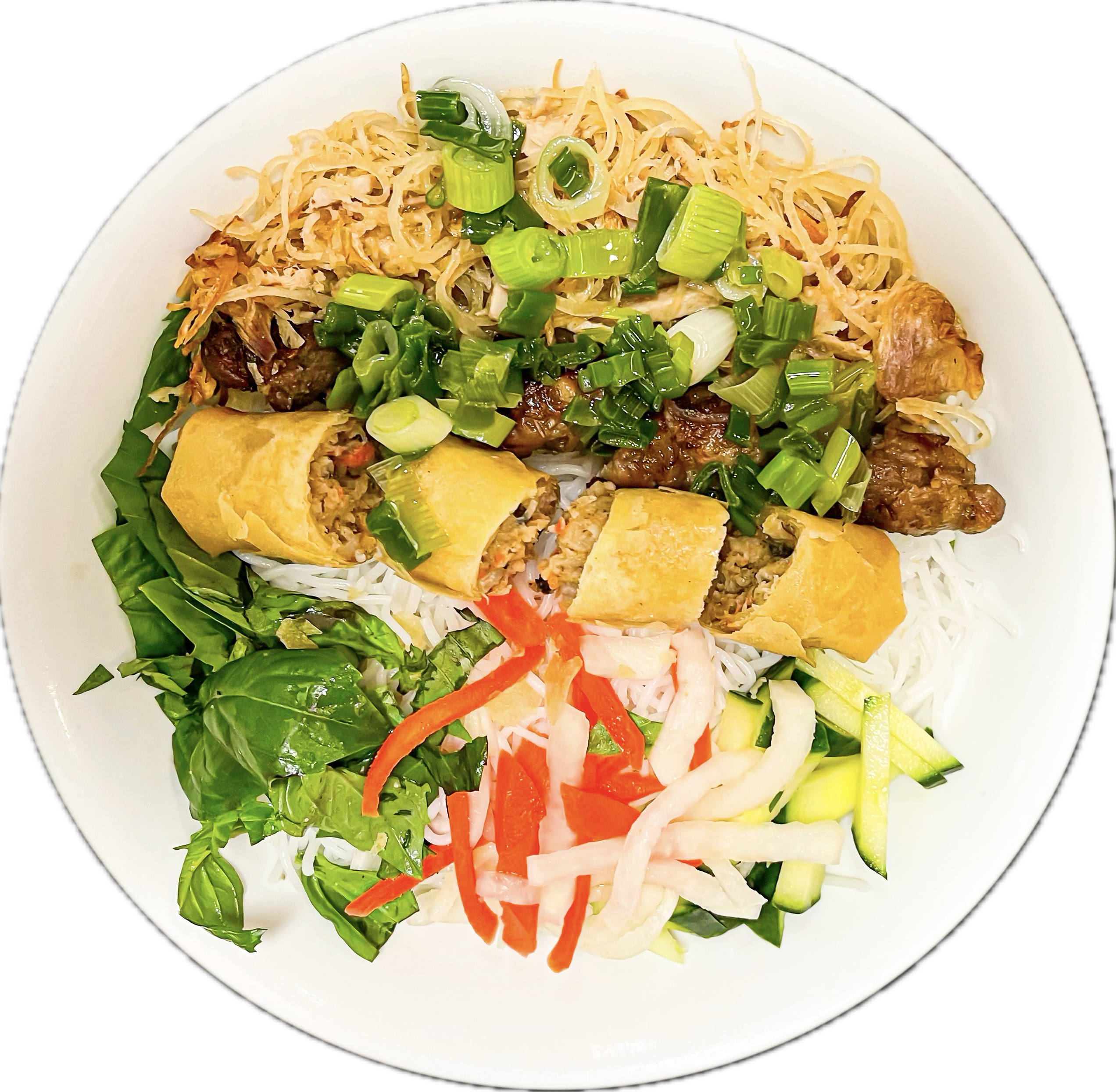Bún Bì Chả Thịt Nướng (Bun Bi Cha Thit Nuong) - Skewered pork, shredded pork skin, and spring rolls on vermicelli with assorted vegetables