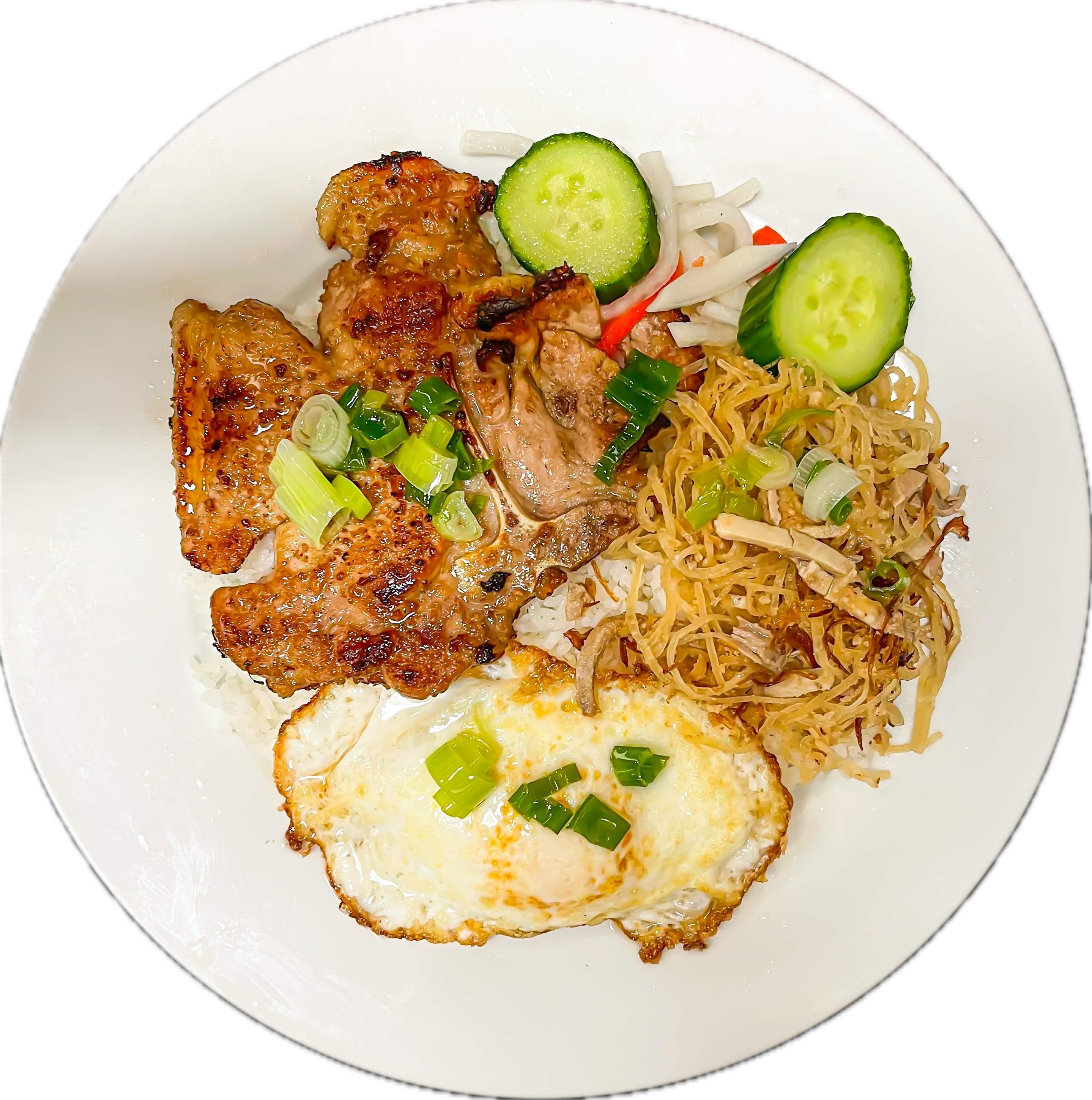 Cơm Tấm Bì Sườn Trứng (Com Tam Bi Suon Trung) - Grilled pork chop, shredded pork skin, and an egg on steamed broken rice
