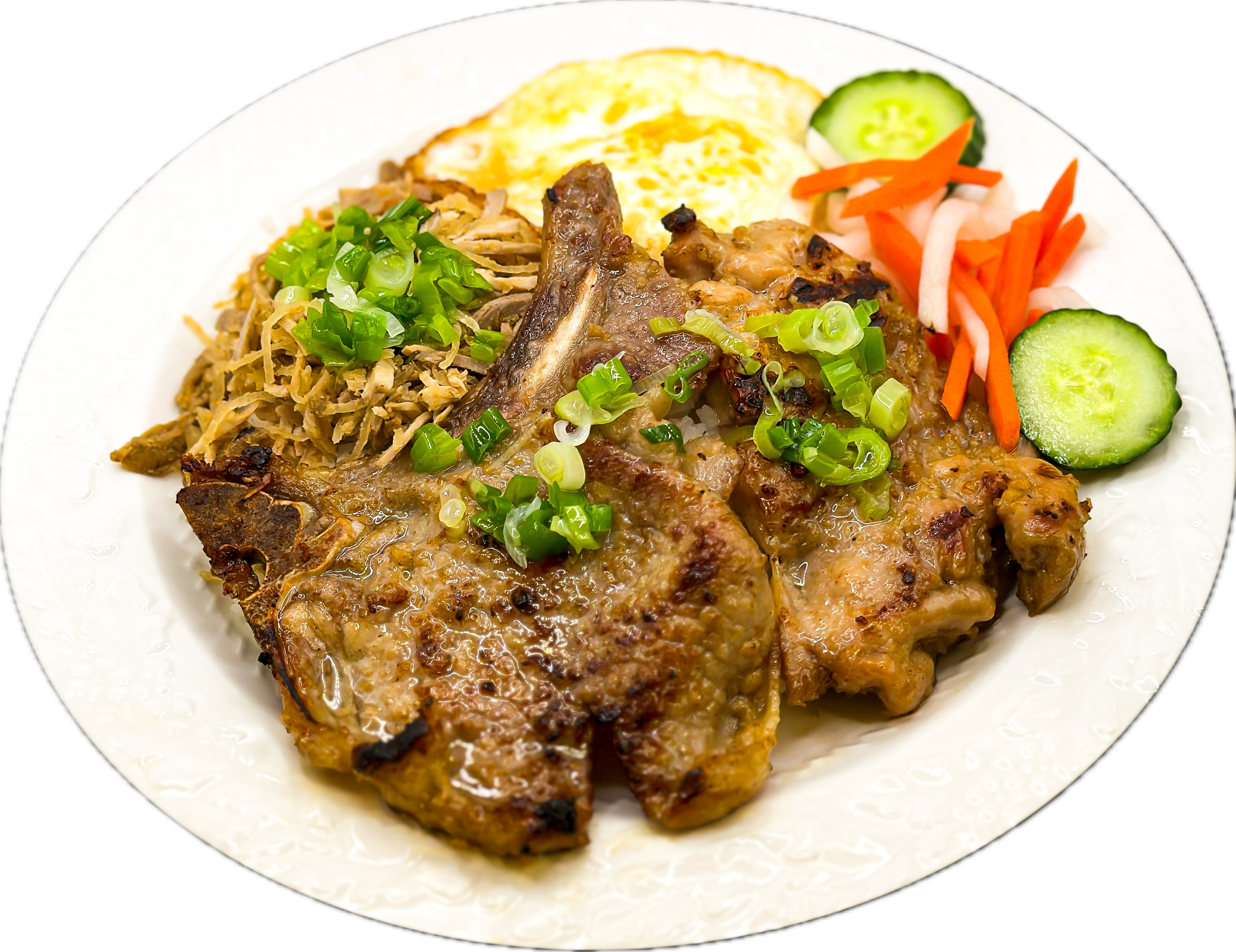 Cơm Tấm Bì Sườn Gà Trứng (Com Tam Bi Suon Ga Trung) - Grilled pork chop, lemongrass chicken, and shredded pork skin with an egg on steamed broken rice